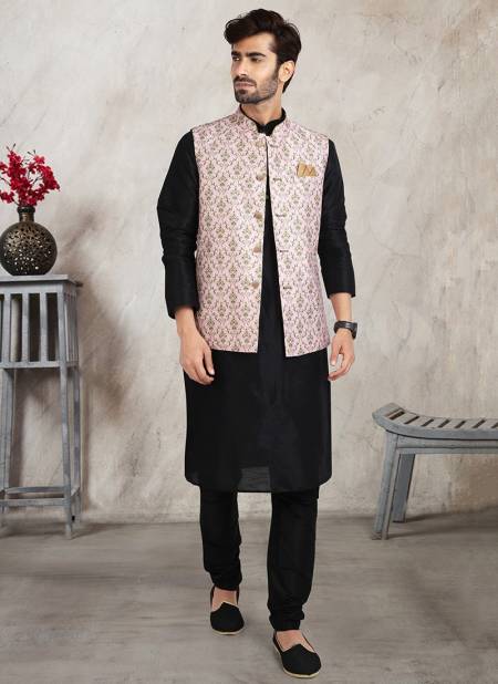 Light Pink Colour Festive Wear Jacquard Banarasi Silk Digital Print Kurta Pajama With Jacket Mens Collection 1218